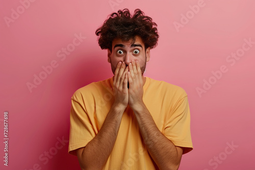 Nervous Latin man and biting nails in studio with oops reaction on pink background. Mistake  sorry  drama or secret with regret  shame or awkward