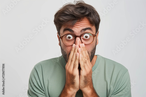 Nervous Latin man and biting nails in studio with oops reaction on white background. Mistake, sorry, drama or secret with regret, shame or awkward