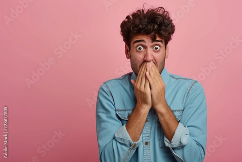 Nervous Latin man and biting nails in studio with oops reaction on pink background. Mistake  sorry  drama or secret with regret  shame or awkward