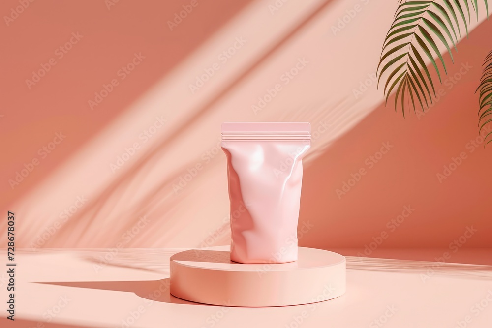 A pink recycled paper bag packaging mockup, mockup for marketing, and packaging, copy space. Packaging template for product design.Blank Merchandise Advertising Display A pink recycled paper bag packaging mockup, mockup for marketing, and packaging, copy space. Packaging template for product design.Blank Merchandise Advertising Display