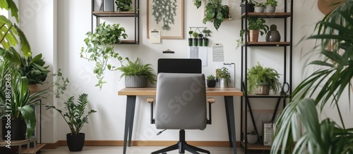Home office with plants on shelves, featuring a grey chair at a desk against a white wall with a poster.