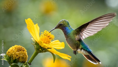 action scene with hummingbird tourmaline sunangel eating nectar from beautiful yellow flower in ecuador photo