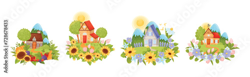Village Houses Standing on Meadow with Crop and Flower Vector Set