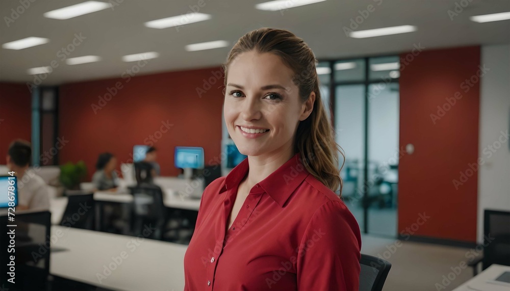 Fototapeta premium Young and elegant businesswoman smiling and looking at the camera standing in the office.