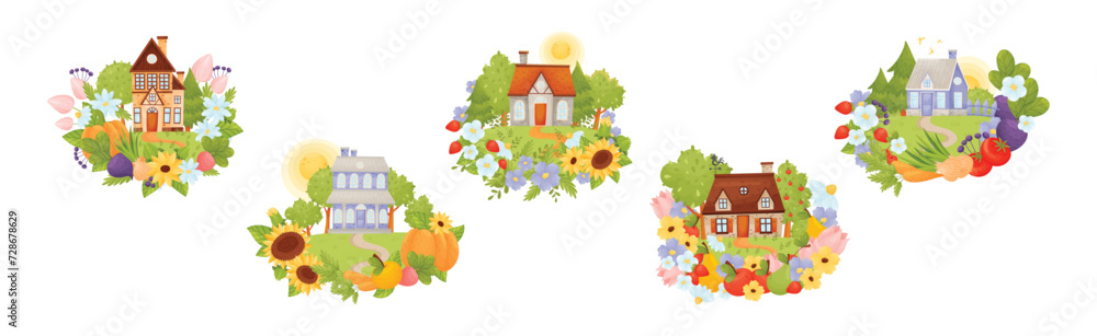 Village Houses Standing on Meadow with Crop and Flower Vector Set