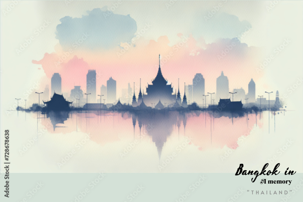 Obraz premium A minimalist watercolour image featuring the silhouette of the Bangkok against a pastel sky, embodying the essence of Thailand in a few elegant strokes.