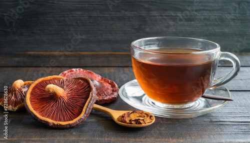 cup of reishi tea and fresh lingzhi mushroom with slice on dark wooden floor ganoderma lucidum chinese traditional medicine and nutritive value