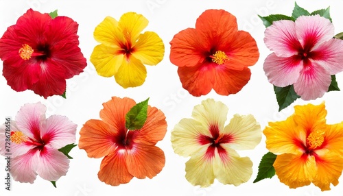 collection head multicolored hibiscus flowers isolated on white background tropical plant flat lay top view creative card orange red pink yellow © Emanuel