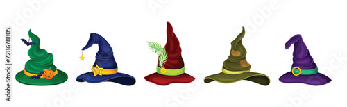 Witch Pointed Hat with Belt as Masquerade Costume Accessory Vector Set