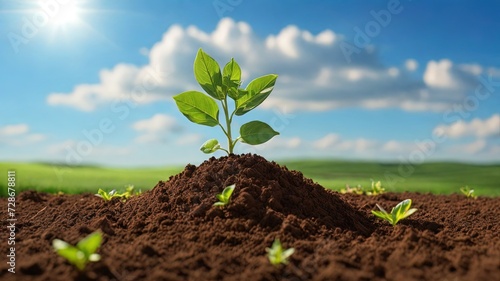 A vibrant green plant sprouts from rich soil under a bright sun against a blue sky. Ideal for environmental themes, growth concepts, high quality image