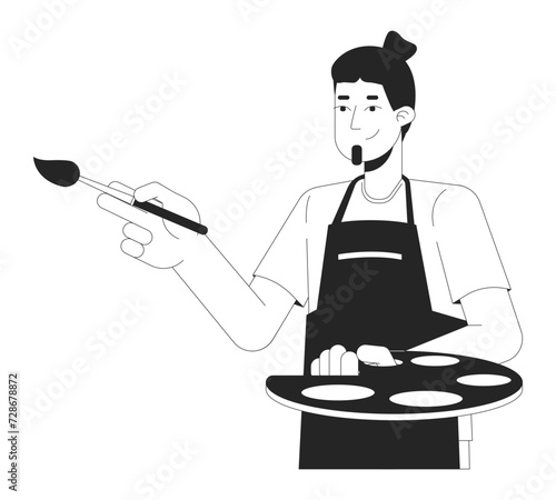 Caucasian man holding paintbrush, art palette black and white 2D line cartoon character. Bearded male artist painter isolated vector outline person. Painting tools monochromatic flat spot illustration