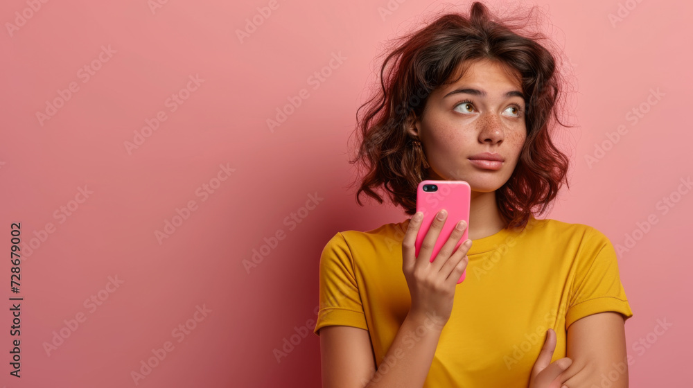 woman with short brown hair wearing a yellow T-shirt, holding a pink smartphone to her face and looking up thoughtfully woman with short brown hair wearing a yellow T-shirt, holding a pink smartphone to her face and looking up thoughtfully
