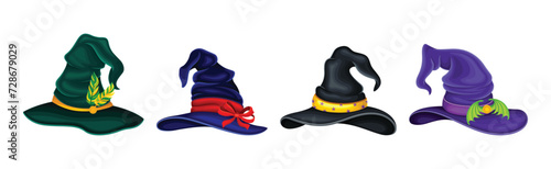 Witch Pointed Hat with Belt as Masquerade Costume Accessory Vector Set