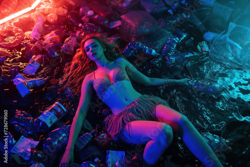 Young woman in futuristic attire surrounded by neon lights and plastic waste, symbolizing the clash between modernity and environmental neglect