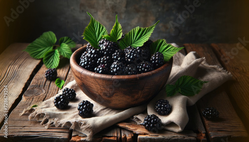 Blackberries with vibrant green leaves in a dark wooden bowl on a rustic table.  Summer harvest. Veganuary. World vegetarian day. 