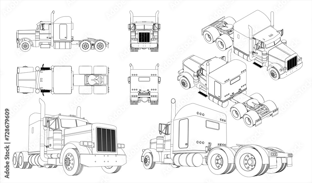 Classic American truck. Hood truck. Sleeping cabin. Automobile freight transport. Three projections on a transparent background.