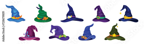 Witch Pointed Hat with Belt as Masquerade Costume Accessory Vector Set