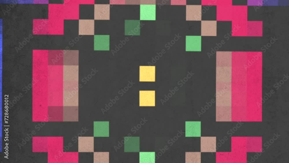 A pixelated grid of red, yellow, blue, and green squares forms a vibrant and abstract pattern. A bright yellow square stands out in the center