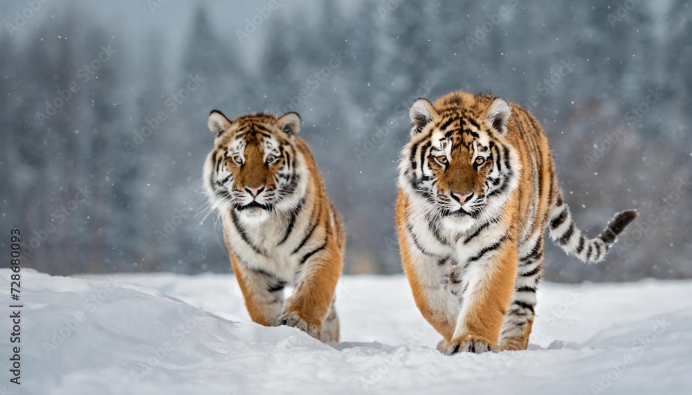 Fototapeta premium two siberian tiger walking together in the snow