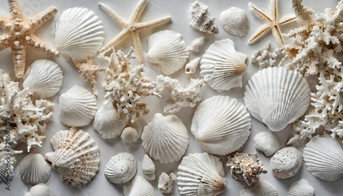 collection of white seashells and corals scattered on a white background top view