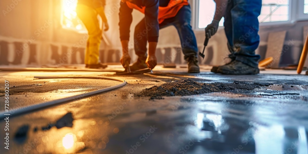 Construction workers installing ceramic tile on a concrete floor using levelers, trowels, and mortar, Generative AI - obrazy, fototapety, plakaty 
