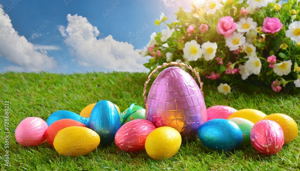 an easter egg hunt with colorful plastic eggs on a green lawn