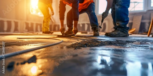 Construction workers installing ceramic tile on a concrete floor using levelers, trowels, and mortar, Generative AI photo