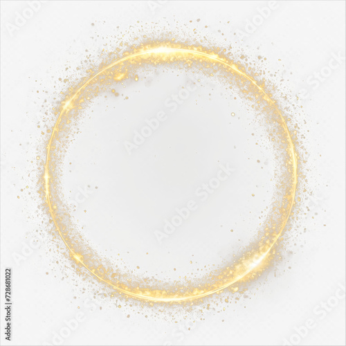 Gold light circle with sparkles, vector magic glow 3d effect. Realistic golden shiny ring or swirl, round frame of flare trail with glitter dust, golden fairy dust isolated on transparent background