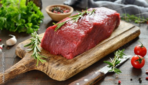 raw beef piece for cooking on a cutting wooden board
