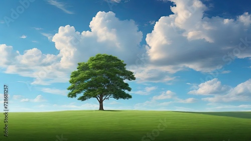 A vibrant landscape featuring a lush green tree, expansive grass field, and clear blue sky with fluffy clouds. Ideal for nature themed designs