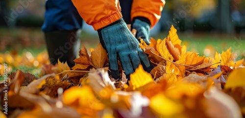Man in gloves gathers and folds autumn leaves. Leaf collection on the lawn. Volunteering, cleaning, and ecology. Cleaning idea, Generative AI