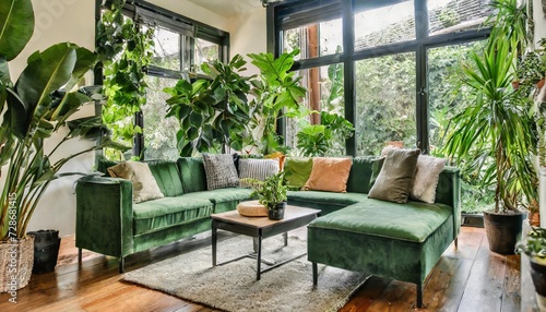 living room with many green plants and green comfortable sofa and lots of pillows