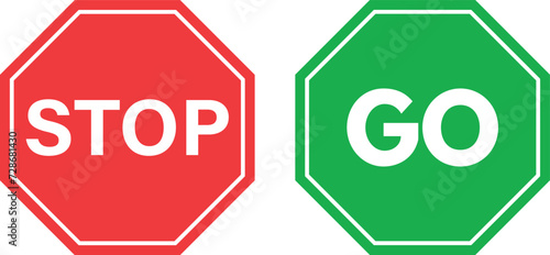 Stop and go sign set . Red stop road sign with Go symbol isolated on white background . Vector photo