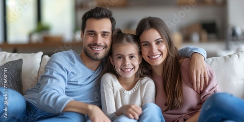 mom dad and 10 year old child on the sofa Generative AI photo