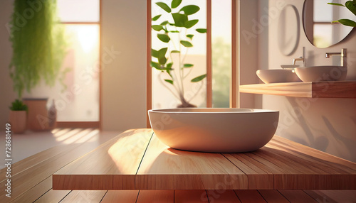Empty wooden table top for product display with blurred bathroom interior background. bathroom with bathtub and minimalist interior in background  Ai generated image