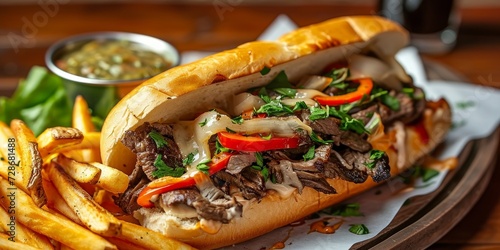 Philly cheese steak sandwich with veggies and fries, Generative AI