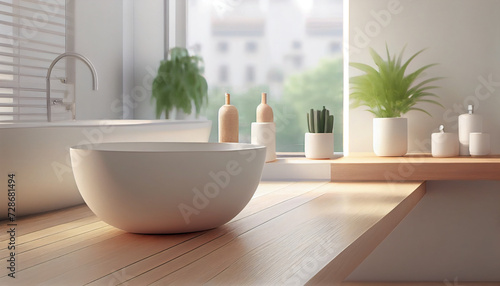 Empty wooden table top for product display with blurred bathroom interior background. bathroom with bathtub and minimalist interior in background  Ai generated image