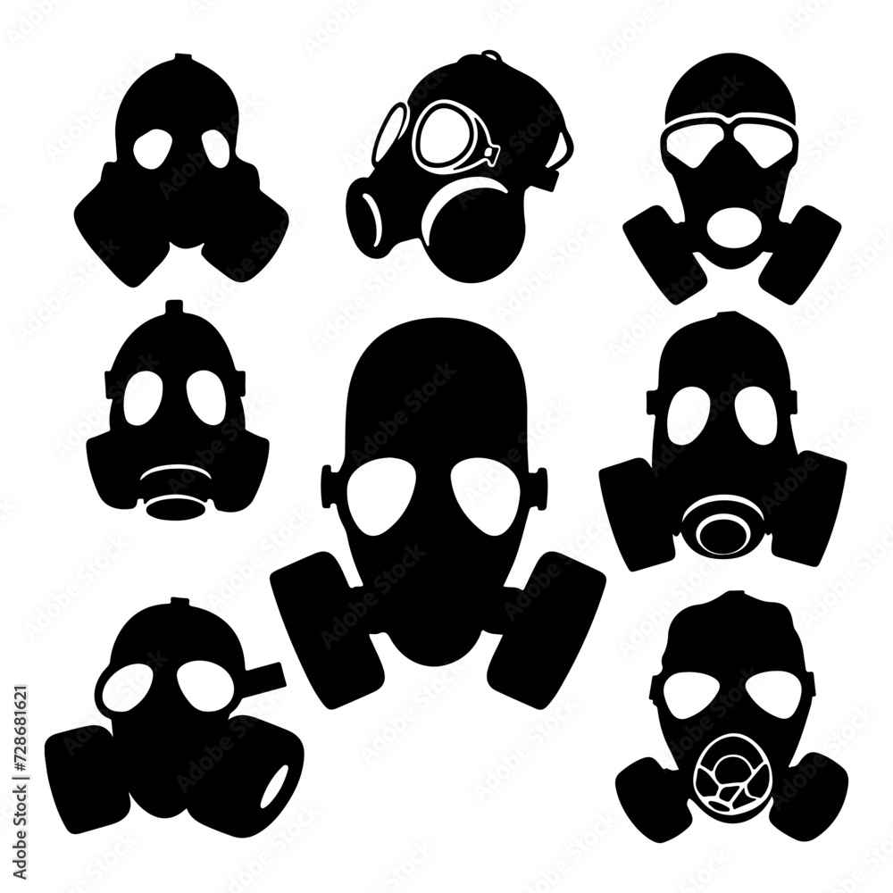 Respirator gas mask silhouette set. Protective mask hand made vector illustration Respirator gas mask silhouette set. Protective mask hand made vector illustration