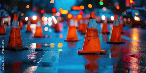 Road cones cautioning evening traffic congestion, Generative AI