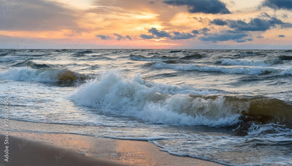 sunset on baltic sea white pastel color sky and rough sea