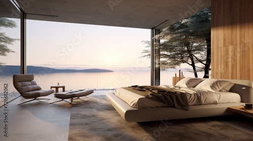 Modern Serenity: Minimalist Interior Design in a Bedroom with Spacious Panoramic Windows Offering a Beautiful Lake View - Tranquil Sophistication