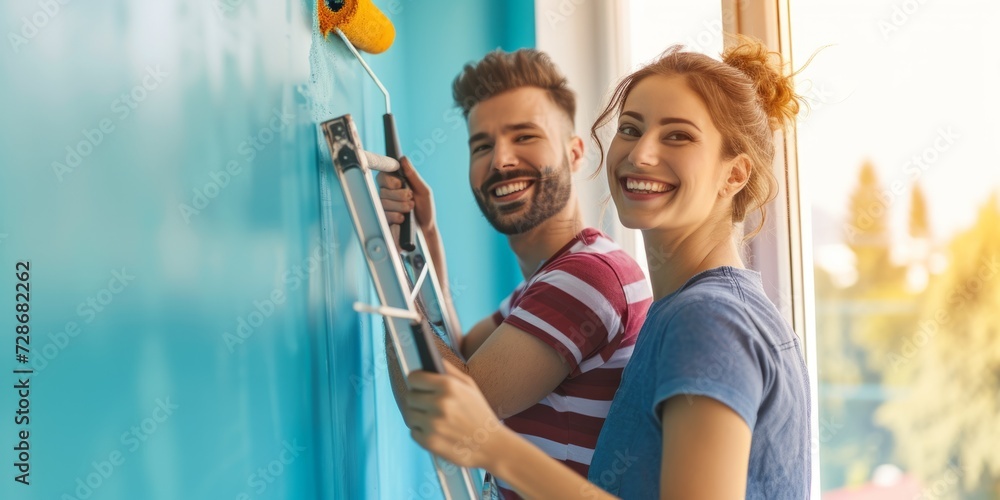 young couple painting walls at home Generative AI
