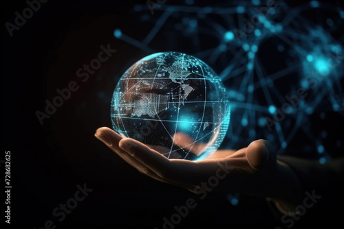 Human hand holding a digital globe with network connections.
