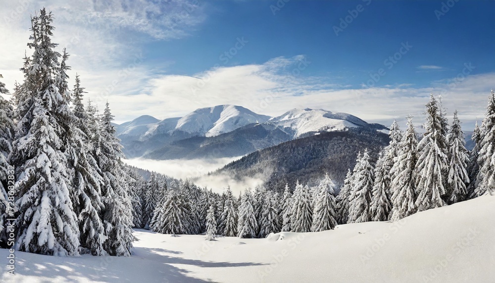 winter landscape of mountains in snow in fir forest