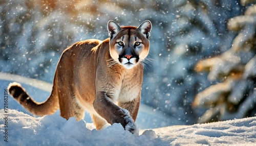 beautiful cougar or mountain lion in the snow in winter generated by