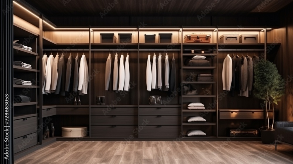 Luxury Walk-in Closet: Modern Dark Wooden Wardrobe with Ample Storage for Clothes � Stylish and Organized Interior Design for Your Dressing Room