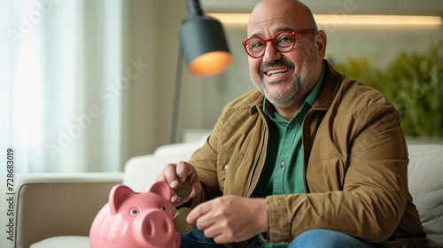 cheerful middle-aged man with glasses, inserting a coin into a pink piggy bank, symbolizing savings or investment, in a cozy home setting