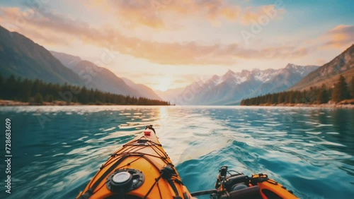 Motion view following kayaks, paddling towards mountains and the sunset photo