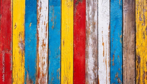 texture of vintage wood boards with cracked paint of white red yellow and blue color horizontal retro background with wooden planks of different colors