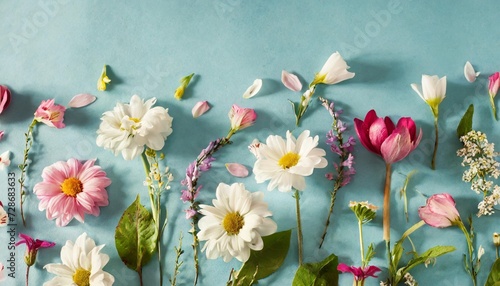 beautiful spring flowers on a pastel blue background romantic aesthetic natural concept © Emanuel